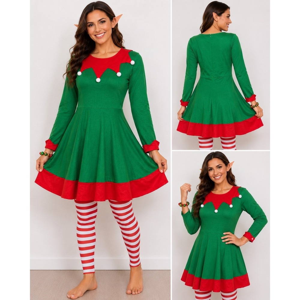 Adult Elf Costume Dress Womens Large Christmas Holiday Leggings Ears Bells Set